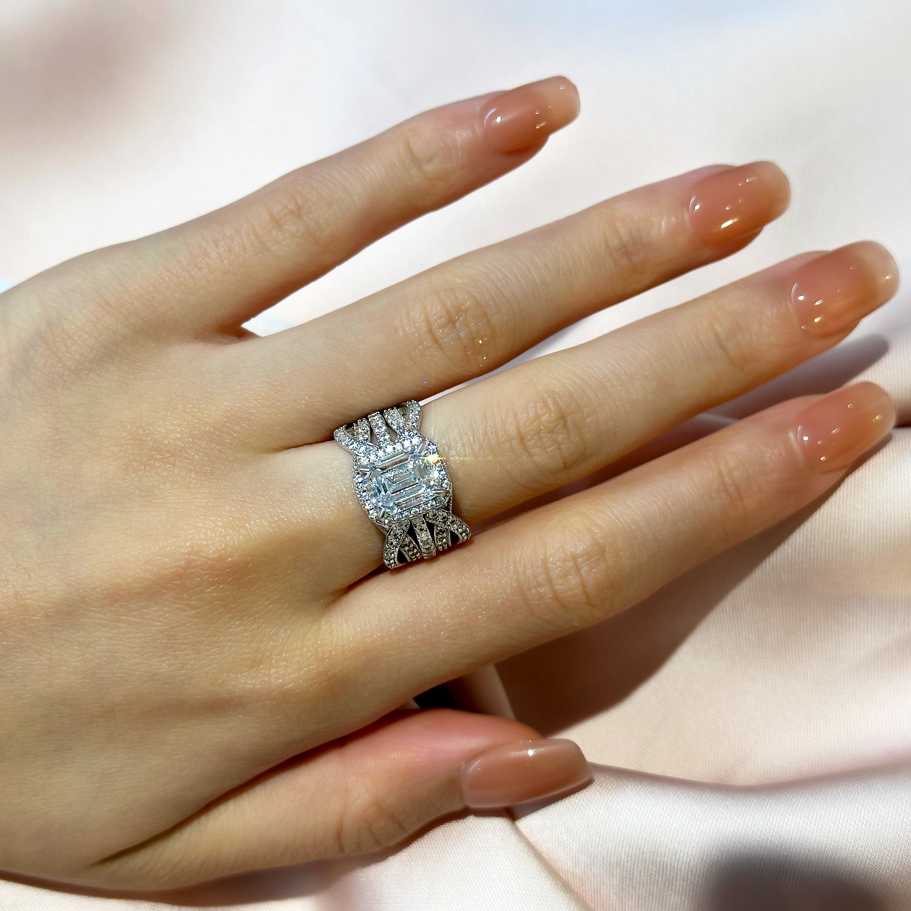 Maxine Classic Halo Emerald Cut Insert Wedding Ring Set For Women In Sterling Silver