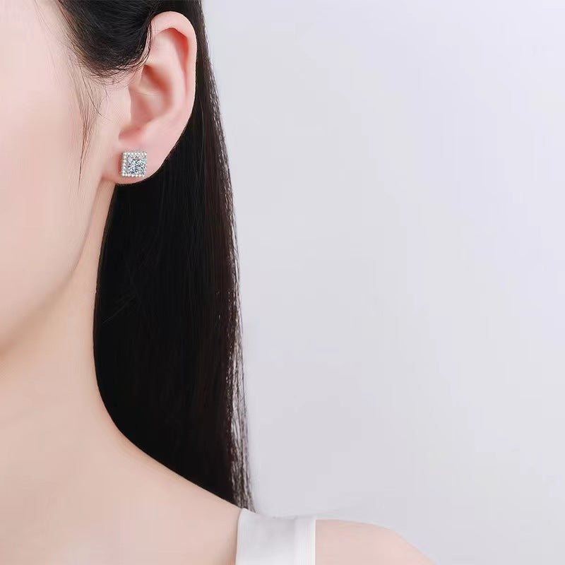 2.0Ct Fashion Halo Princess Cut Sona Simulated Diamond Stud Earrings In Sterling Silver