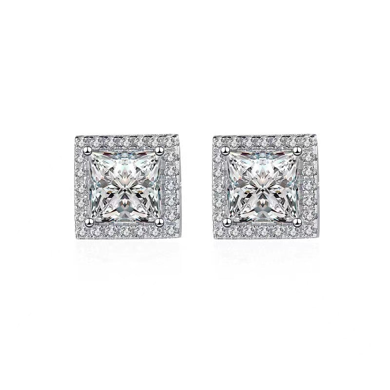 2.0Ct Fashion Halo Princess Cut Sona Simulated Diamond Stud Earrings In Sterling Silver