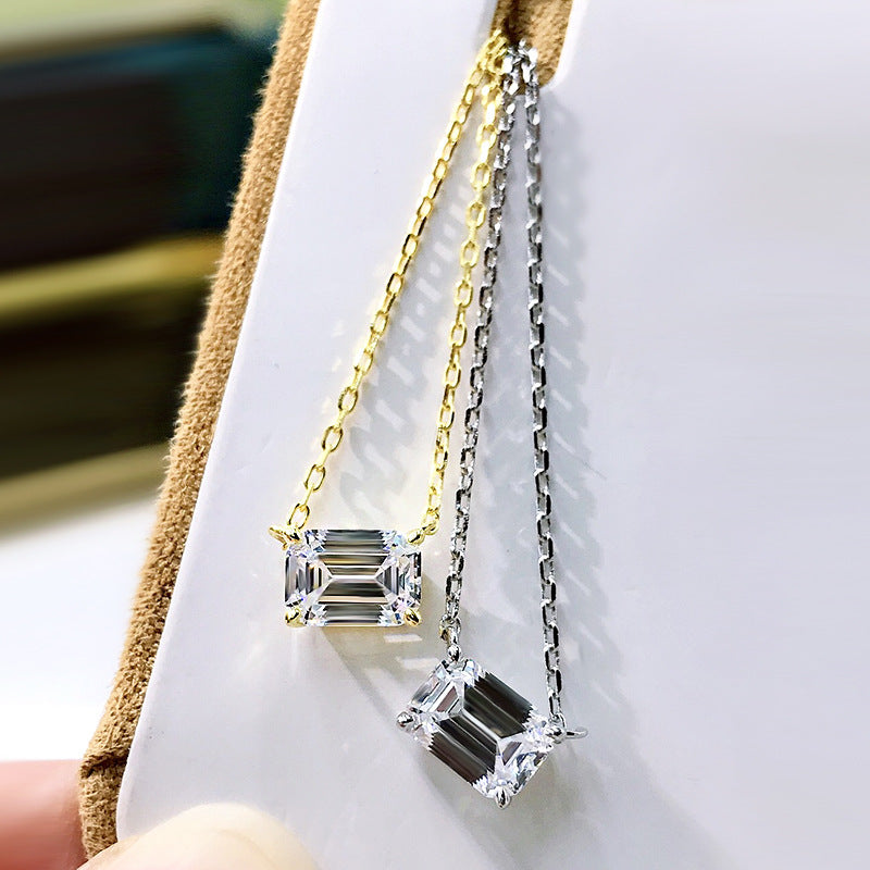 Simple Emerald Cut Pendant Necklace In Sterling Silver