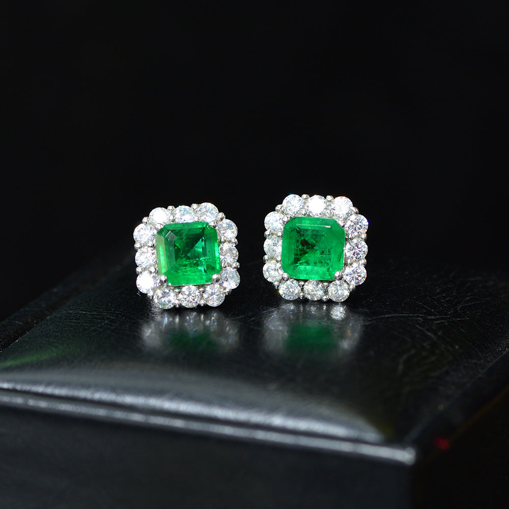2.0 Carat Halo Princess Cut Emerald Green Women's Stud Earrings In Sterling Silver