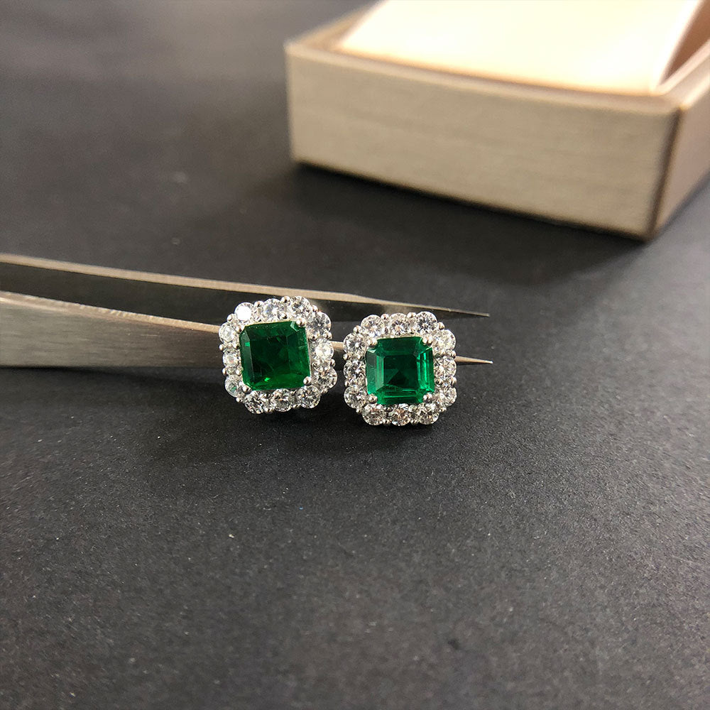 2.0 Carat Halo Princess Cut Emerald Green Women's Stud Earrings In Sterling Silver