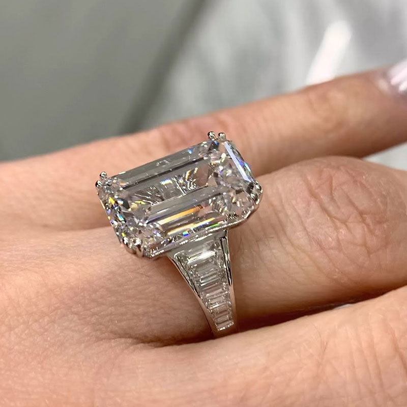 Luxury Big Emerald Cut Engagement Ring In Sterling Silver
