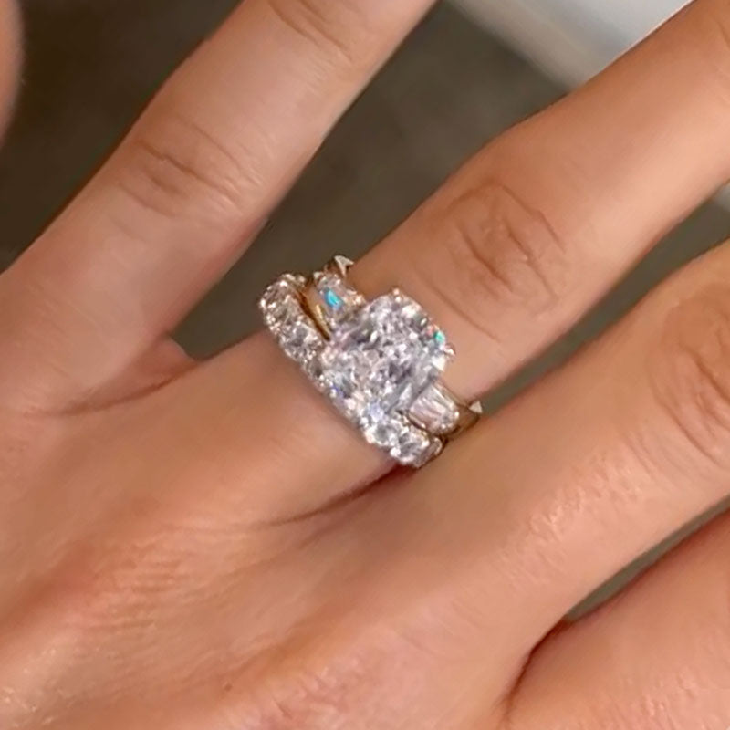 Luxury Cushion Cut Three Stone 3PC Wedding Set In Sterling Silver