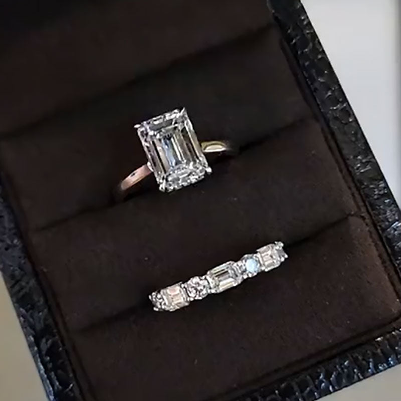 Ahabobo Classic Two-Tone Emerald Cut Wedding Ring Set With Unique Wedding Band