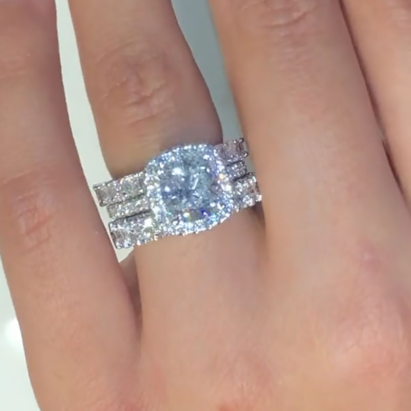 Ahabobo Excellent Halo Cushion Cut Wedding Ring Set With Unique Wedding Bands