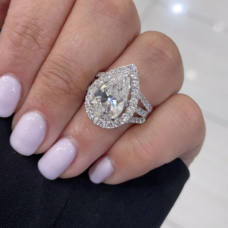 Ahabobo Vintage Split Shank Halo 4.5Ct Pear Cut Engagement Ring In Sterling Silver