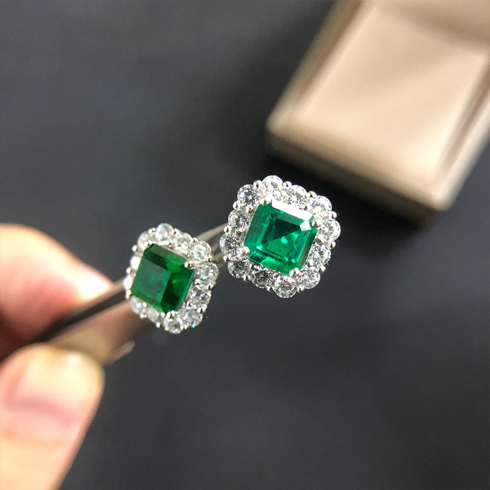 2.0 Carat Halo Princess Cut Emerald Green Women's Stud Earrings In Sterling Silver