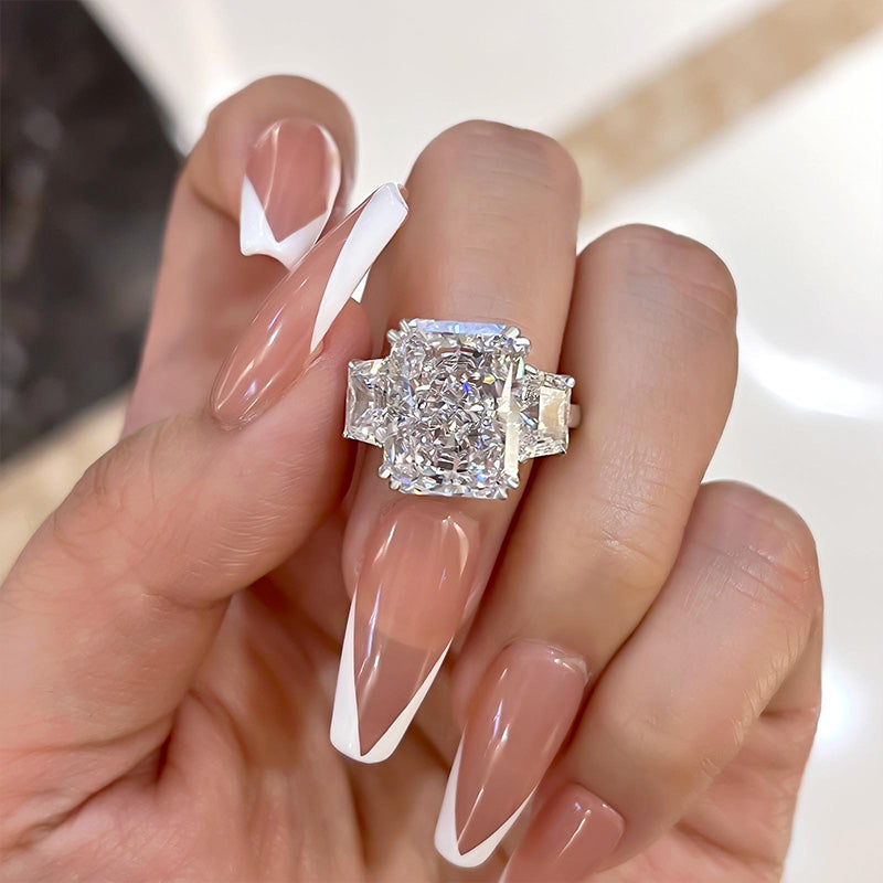 Luxurious Radiant Cut Three Stone Women's Engagement Ring In Sterling Silver