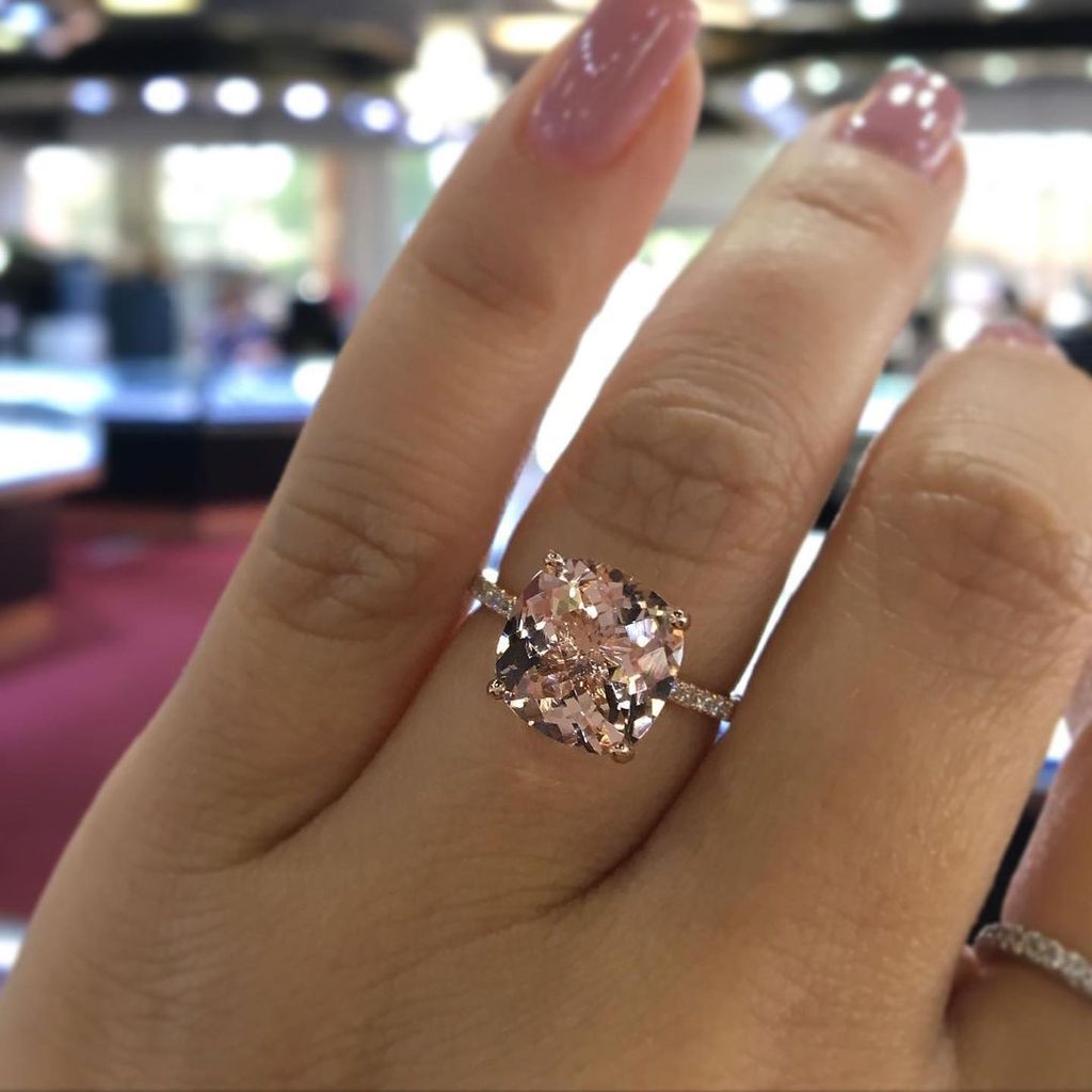 Rose Gold Peachy Pink Stone Cushion Cut Engagement Ring With Double Halo