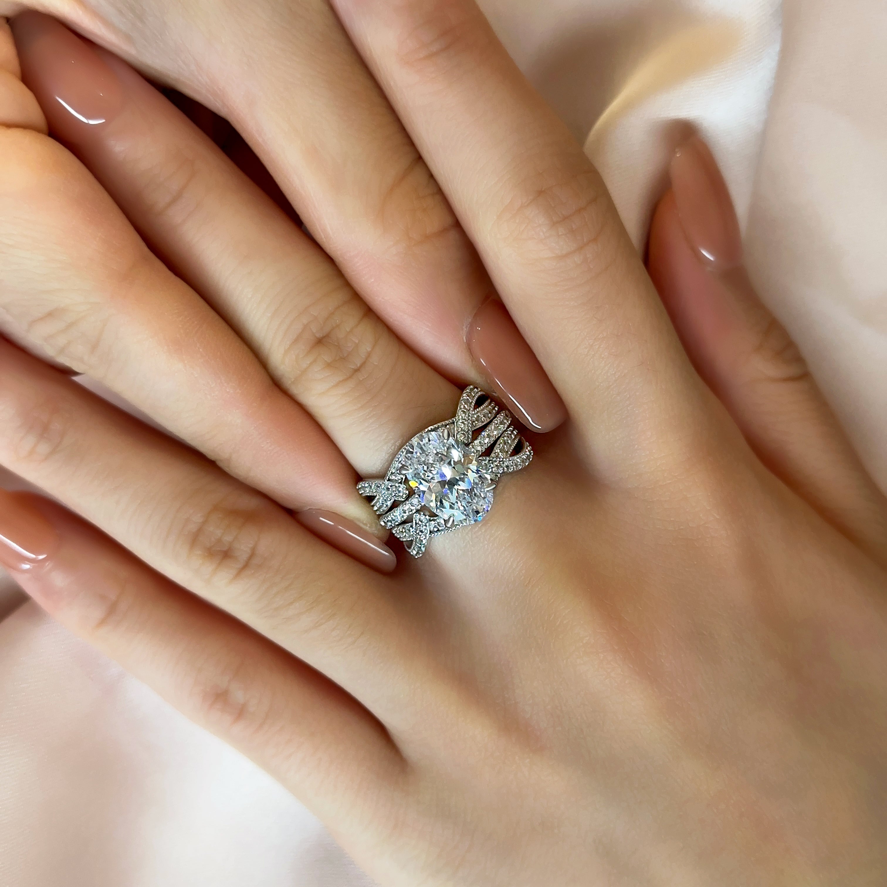 Ahabobo Classic Oval Cut Insert Wedding Ring Set For Women In Sterling Silver