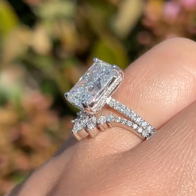 Ahabobo 4.5CT Radiant Cut Wedding Ring Set With Crown Shaped Wedding Band