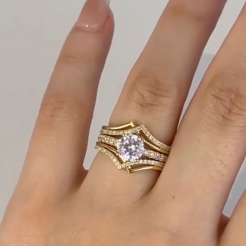 Ahabobo 3PC Vintage Round Cut Yellow Gold Wedding Ring Set For Women