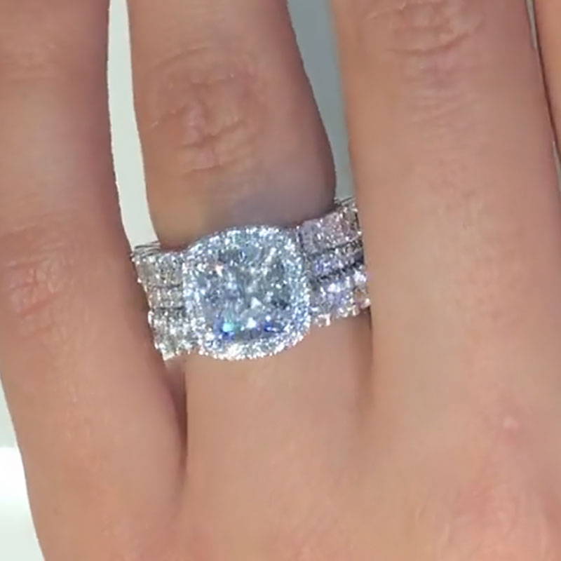 Ahabobo Excellent Halo Cushion Cut Wedding Ring Set With Unique Wedding Bands