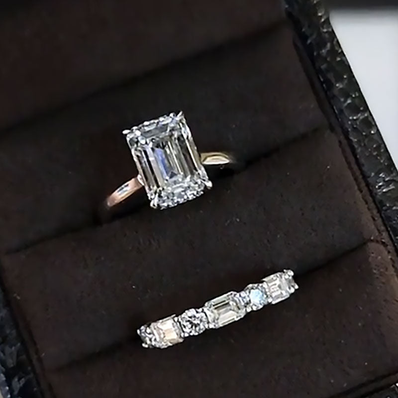 Ahabobo Classic Two-Tone Emerald Cut Wedding Ring Set With Unique Wedding Band