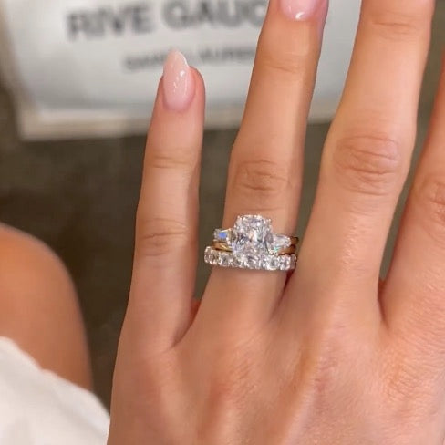 Luxury Cushion Cut Three Stone 3PC Wedding Set In Sterling Silver