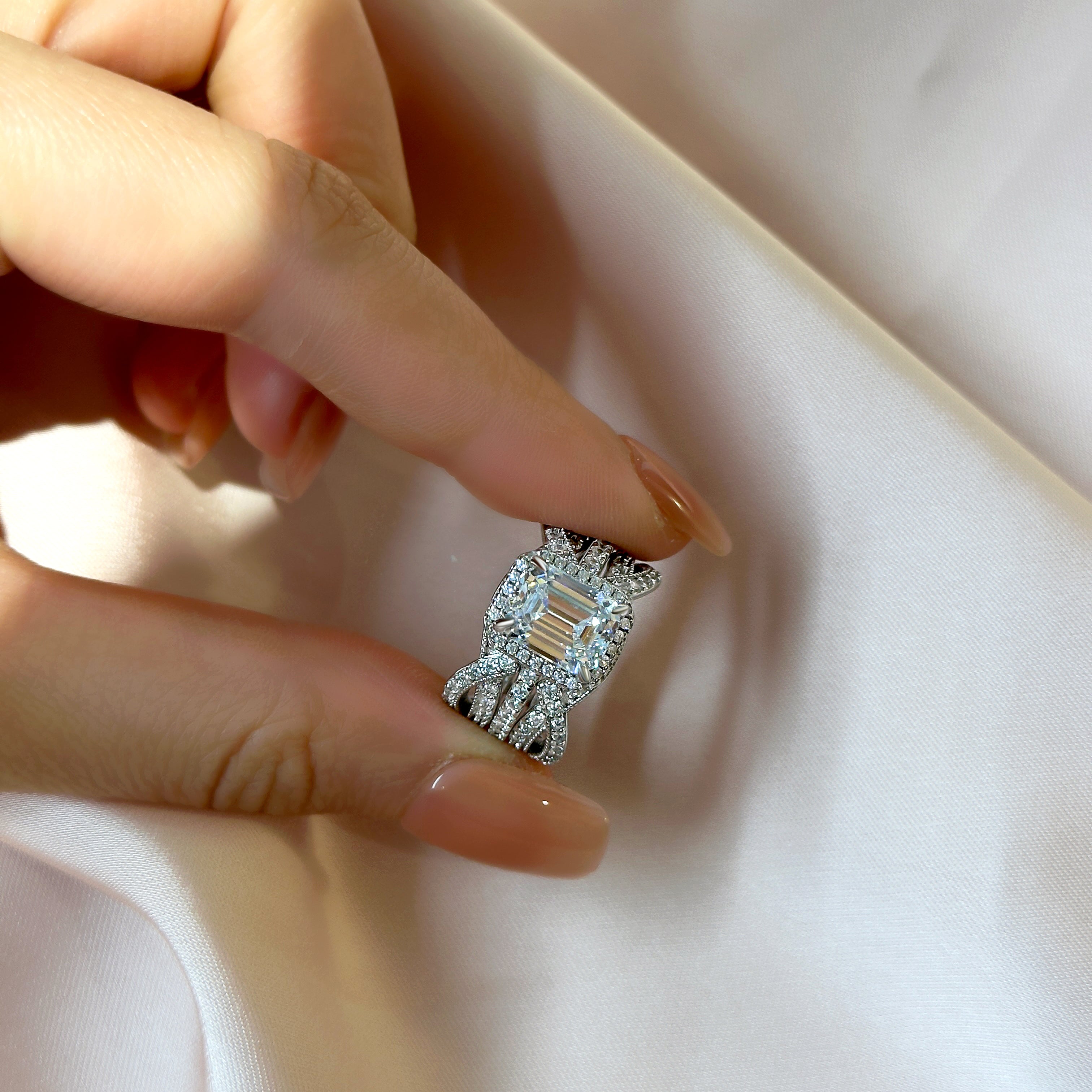 Maxine Classic Halo Emerald Cut Insert Wedding Ring Set For Women In Sterling Silver