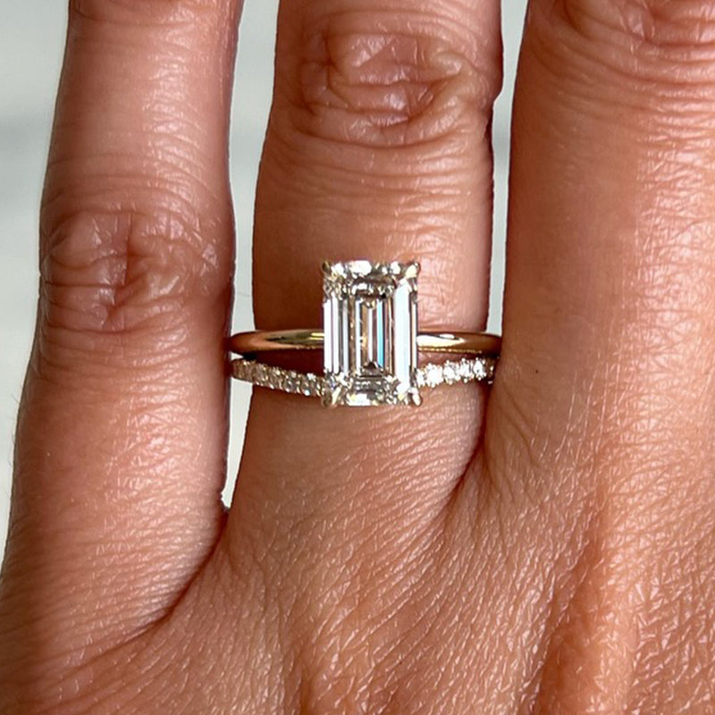 Ahabobo Classic Emerald Cut Wedding Ring Set With Pave Wedding Band