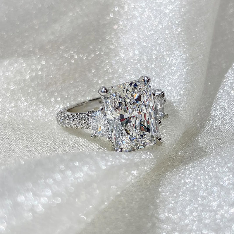 Stunning Crushed Ice Radiant Cut Three Stone Engagement Ring In Sterling Silver