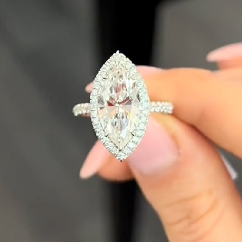 Unique 3.0Ct Halo Marquise Cut Engagement Ring In Sterling Silver