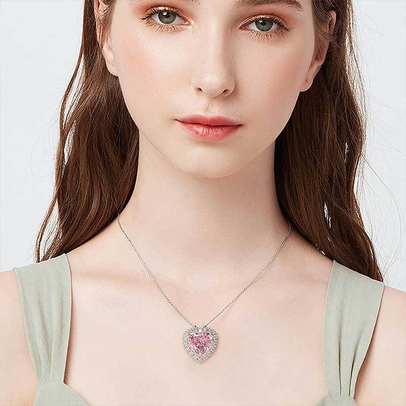 2.0Ct Halo Heart Cut Pink Sapphire Sterling Silver Necklace For Women