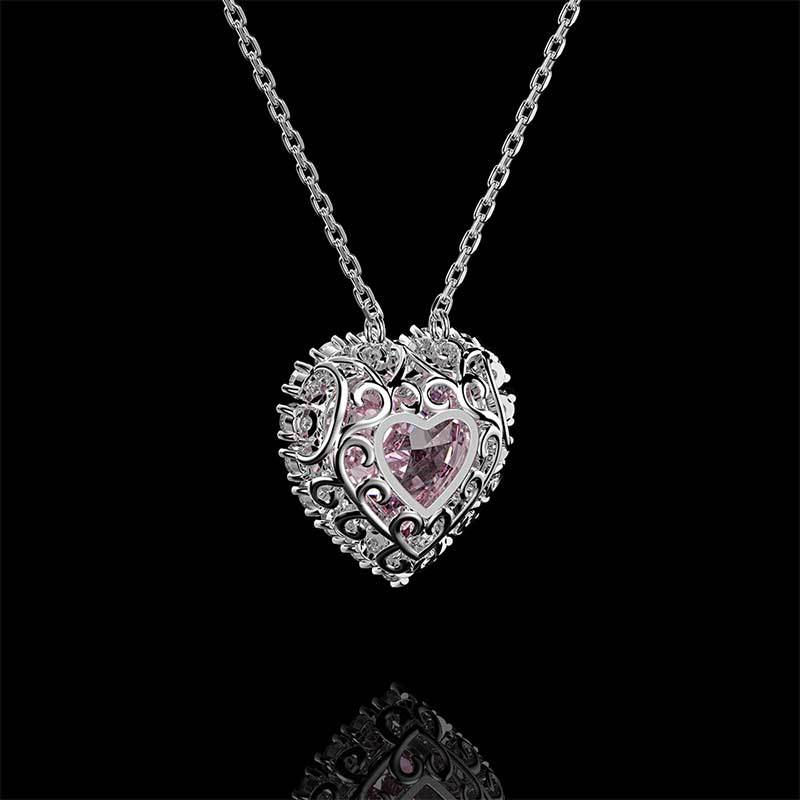 2.0Ct Halo Heart Cut Pink Sapphire Sterling Silver Necklace For Women
