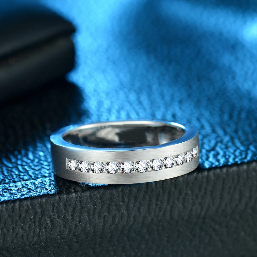 Classic Round Cut White Sapphire Men's Wide Wedding Band In Sterling Silver