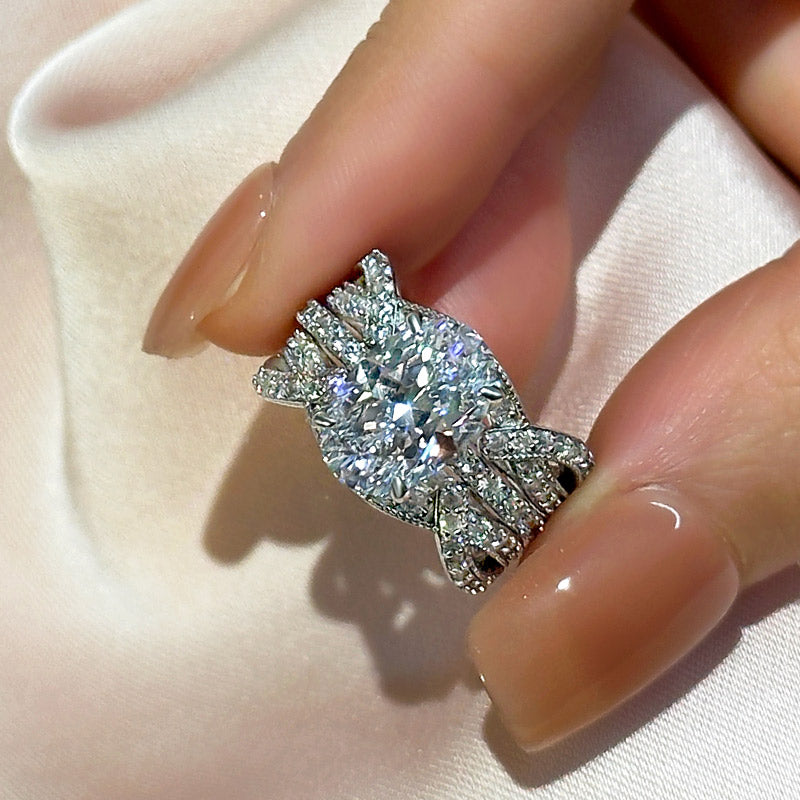 Ahabobo Classic Oval Cut Insert Wedding Ring Set For Women In Sterling Silver