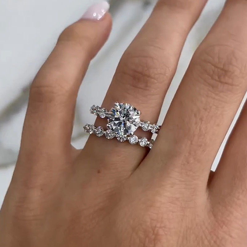 Ahabobo Classic Moissanite 2.0 Carat Round Cut Wedding Ring Set With Eternity Wedding Band