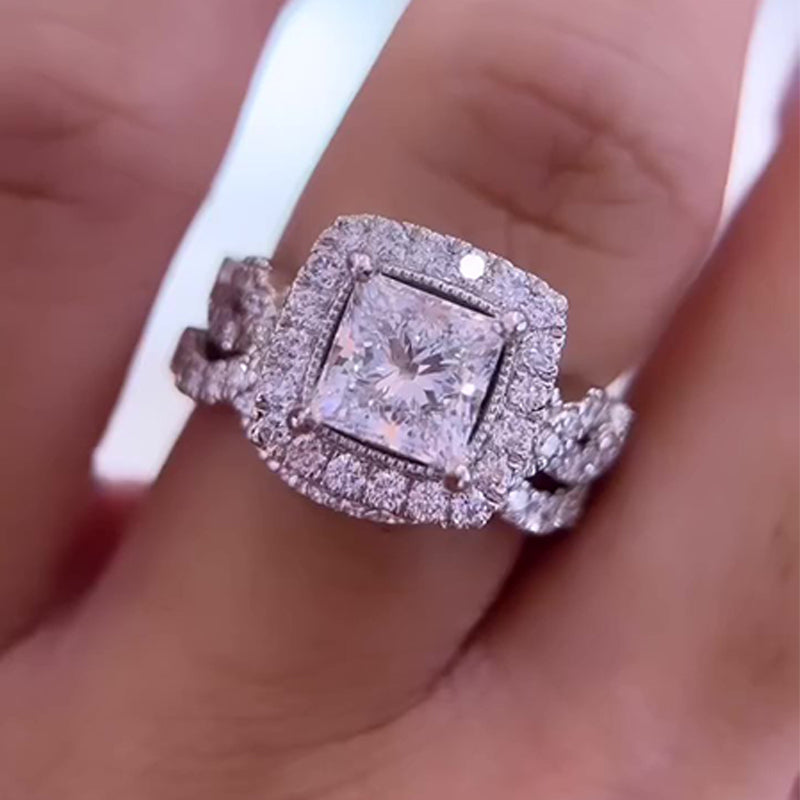 Ahabobo Noble Halo Square Princess Cut Wedding Ring Set