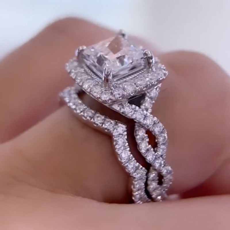 Ahabobo Noble Halo Square Princess Cut Wedding Ring Set