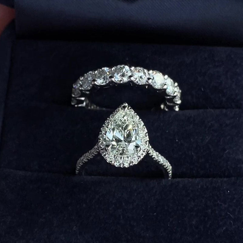 Ahabobo Classic Halo Pear Cut Wedding Ring Set