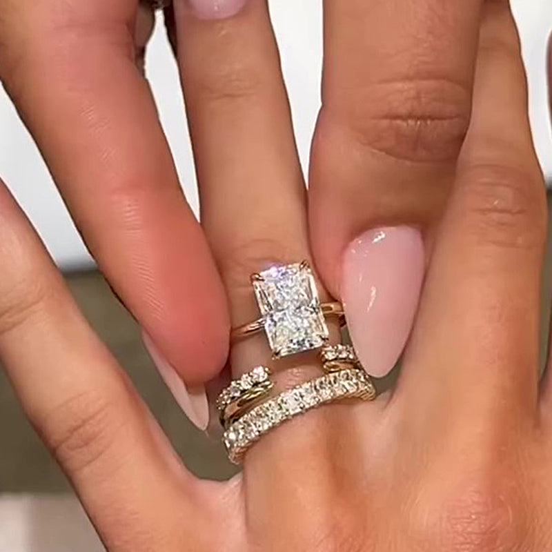 Ahabobo 4PC Radiant Cut Open Band Wedding Ring Set In Sterling Silver