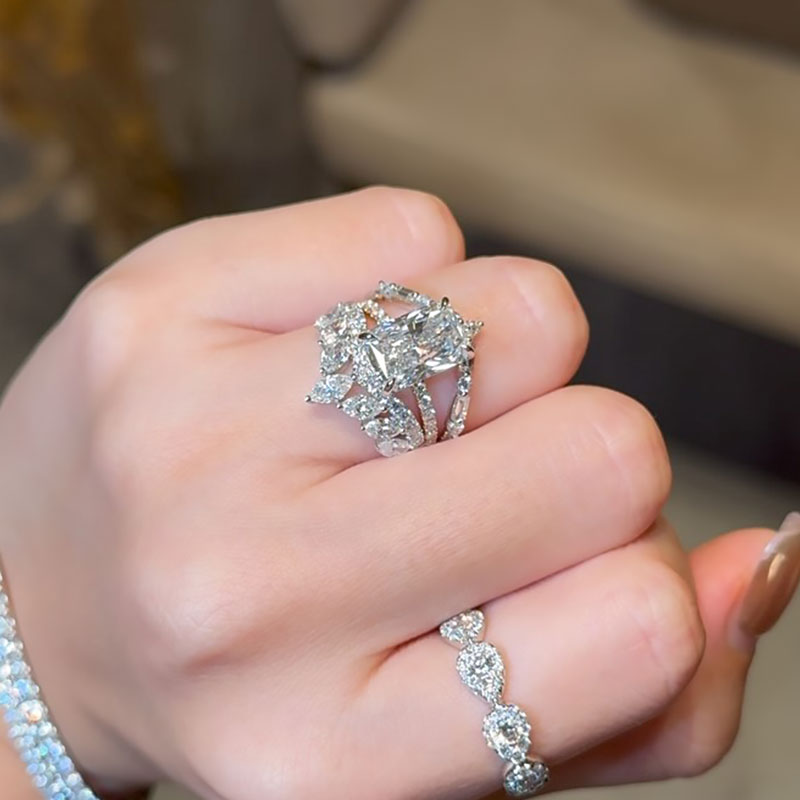 Ahabobo 3PC Vintage Radiant Cut Wedding Ring Set In Sterling Silver