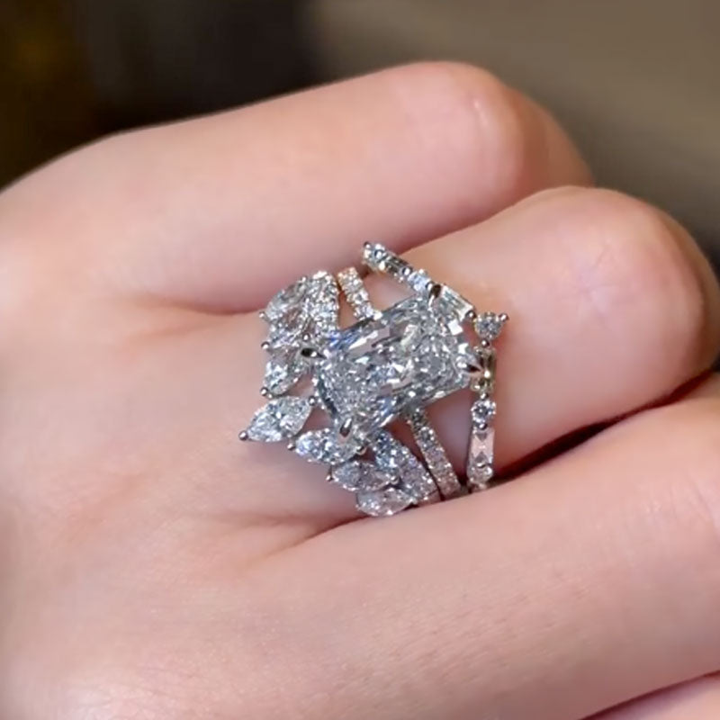 Ahabobo 3PC Vintage Radiant Cut Wedding Ring Set In Sterling Silver