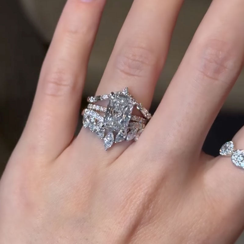 Ahabobo 3PC Vintage Radiant Cut Wedding Ring Set In Sterling Silver