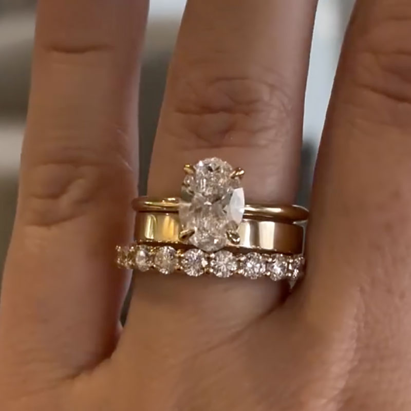 Ahabobo Moissanite Yellow Gold 4.0 Carat Oval Cut Wedding Ring Set With Wide Wedding Band