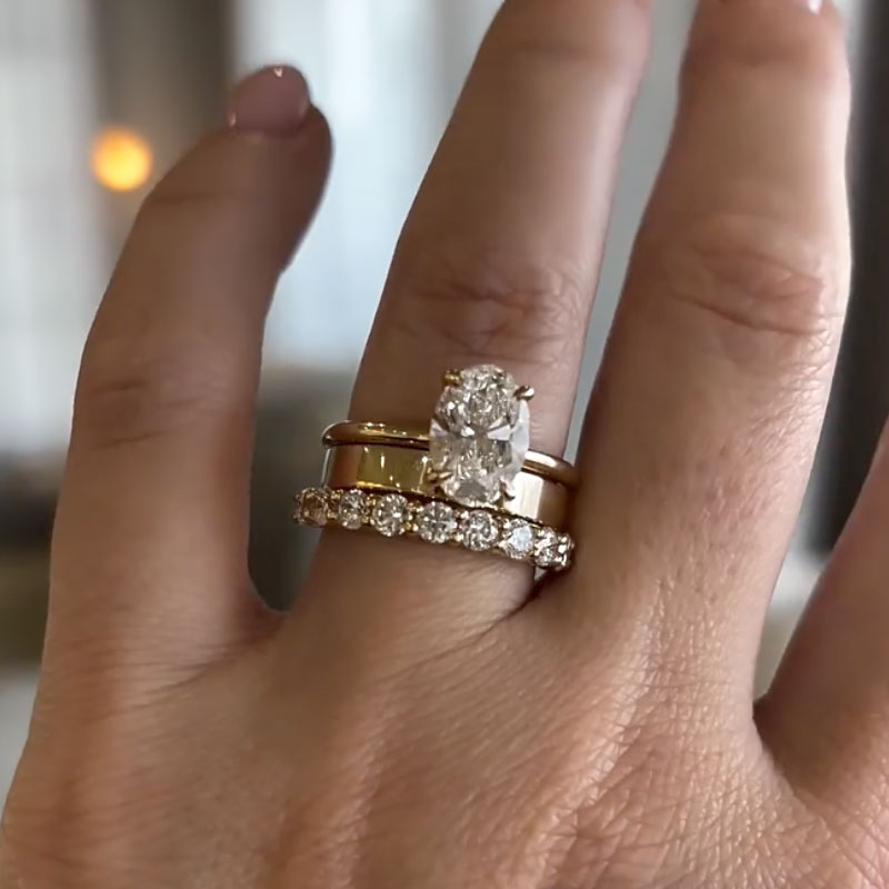 Ahabobo Moissanite Yellow Gold 4.0 Carat Oval Cut Wedding Ring Set With Wide Wedding Band