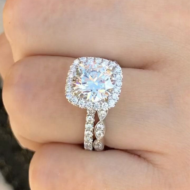 Ahabobo Honorable Halo Round Cut Simulated Diamond Wedding Set In Sterling Silver
