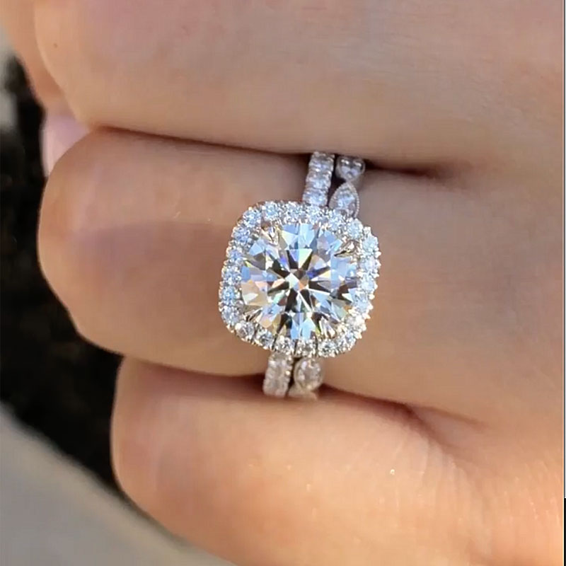Ahabobo Honorable Halo Round Cut Simulated Diamond Wedding Set In Sterling Silver