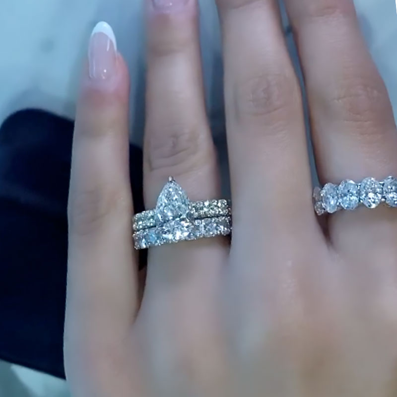 Ahabobo Classic Halo Pear Cut Wedding Ring Set With Eternity Wedding Band