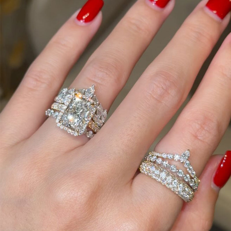 Ahabobo Vintage 3PC Halo Radiant Cut Wedding Ring Set For Women