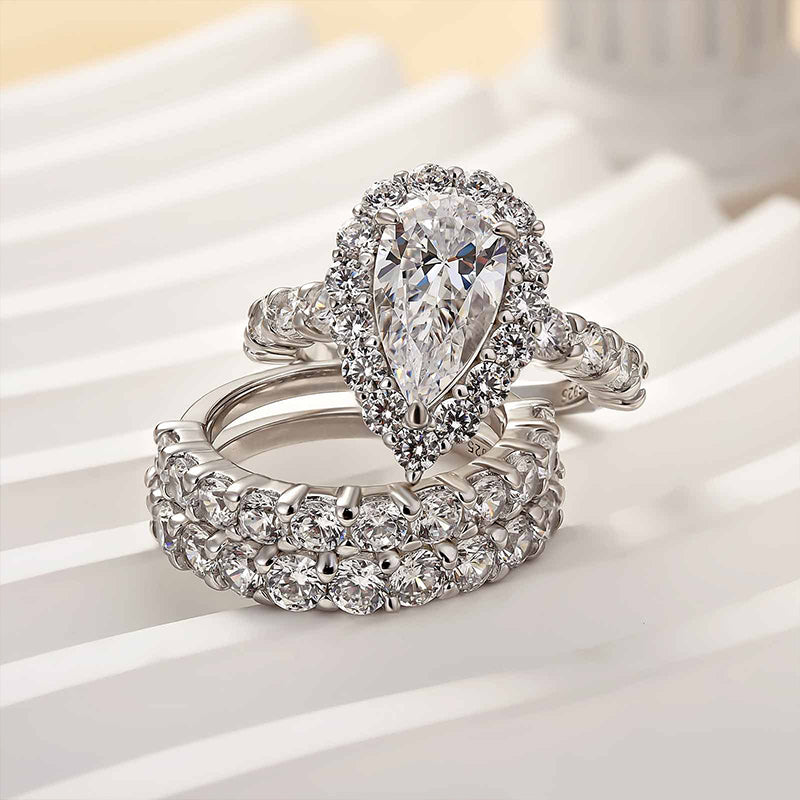 3PC Classic 3.0 Carat Halo Pear Cut Wedding Ring Set In Sterling Silver