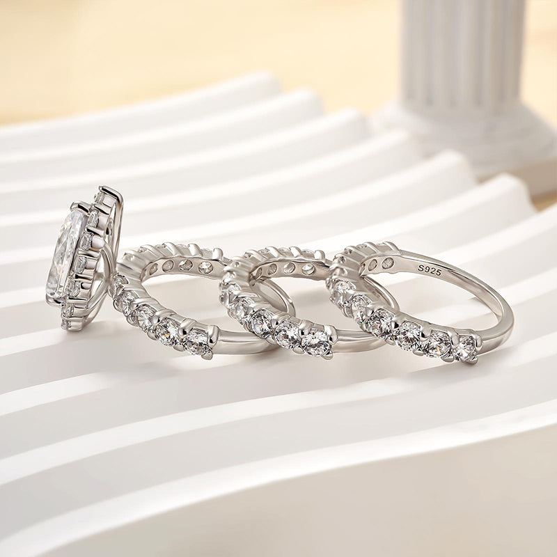 3PC Classic 3.0 Carat Halo Pear Cut Wedding Ring Set In Sterling Silver