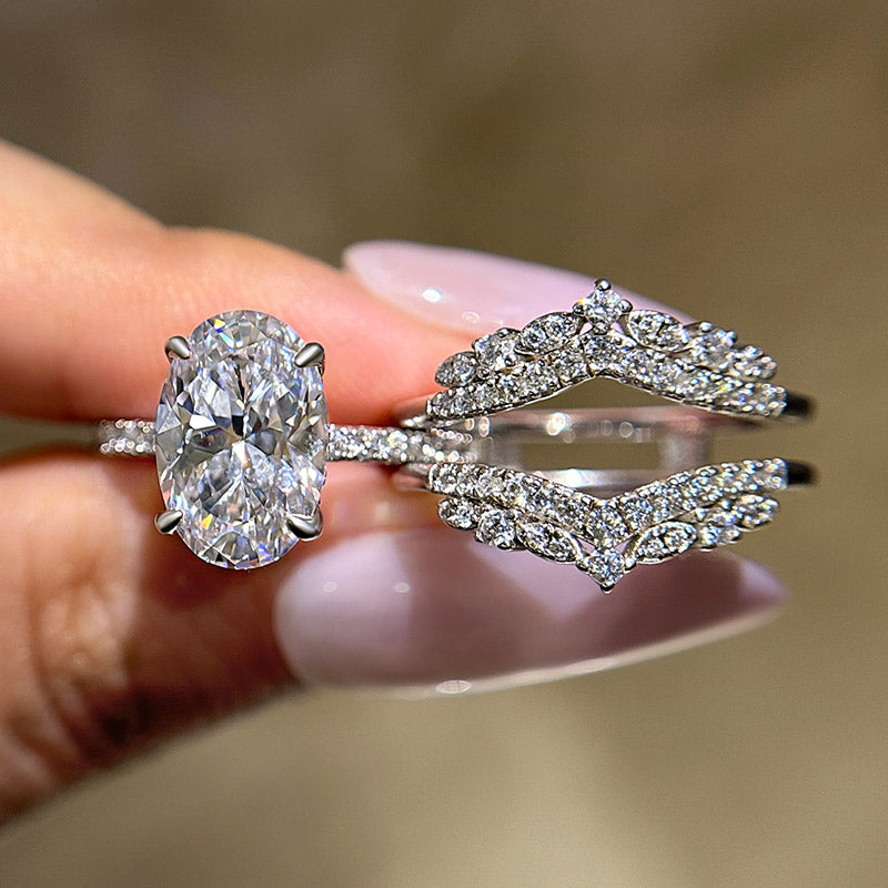 Ahabobo Vintage Oval Cut Insert Wedding Ring Set For Women In Sterling Silver