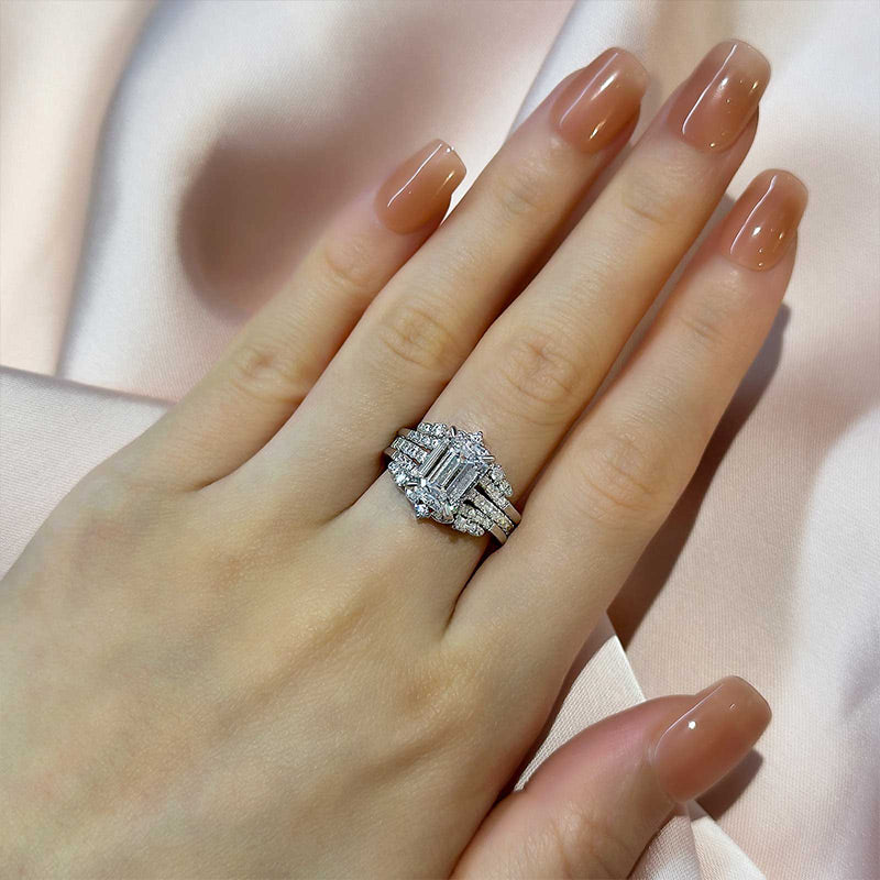 Ahabobo Vintage Emerald Cut Insert Wedding Ring Set For Women In Sterling Silver