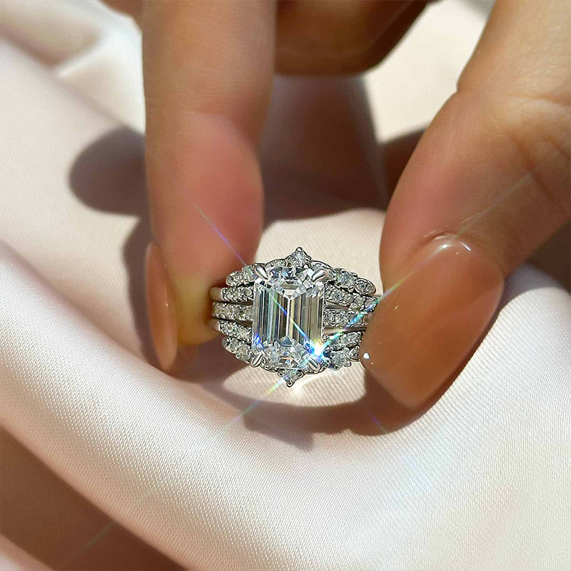 Ahabobo Vintage Emerald Cut Insert Wedding Ring Set For Women In Sterling Silver