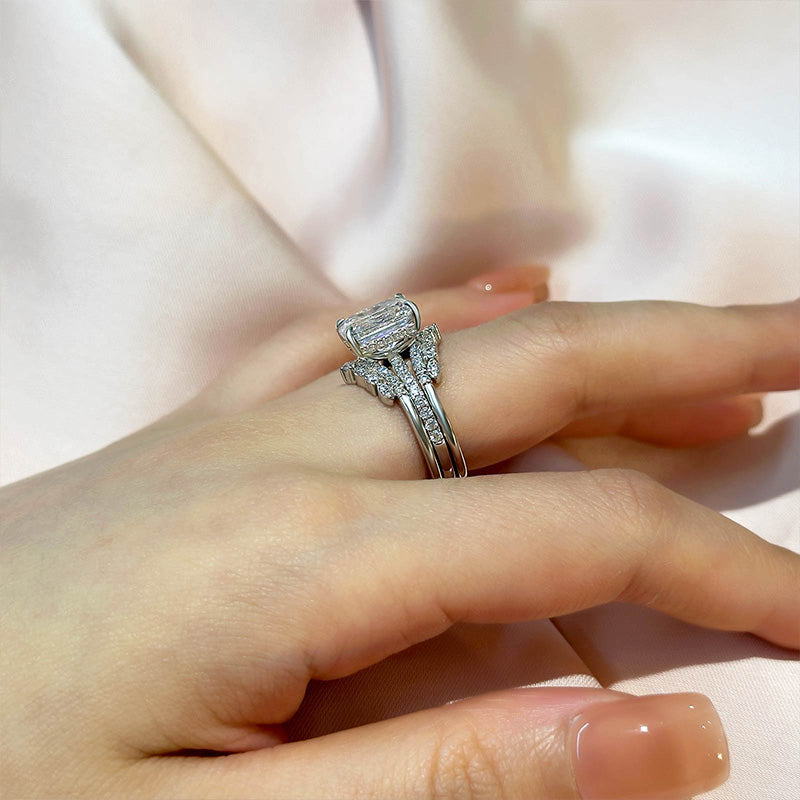 Ahabobo Vintage Emerald Cut Insert Wedding Ring Set For Women In Sterling Silver