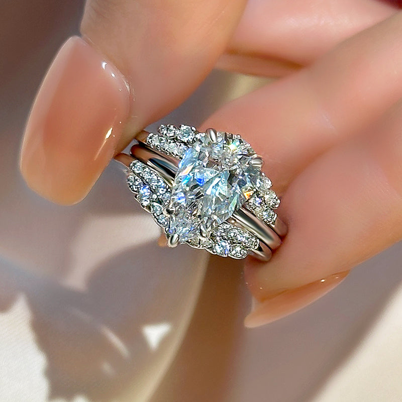 Ahabobo Vintage Pear Cut Insert Wedding Ring Set For Women In Sterling Silver