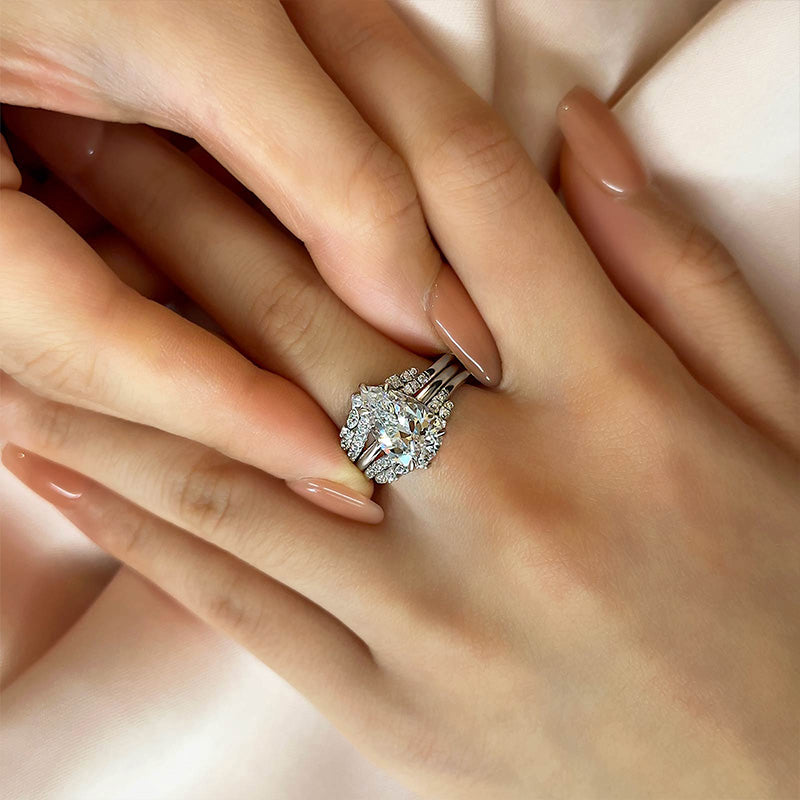 Maxine Vintage Pear Cut Insert Wedding Ring Set For Women In Sterling Silver